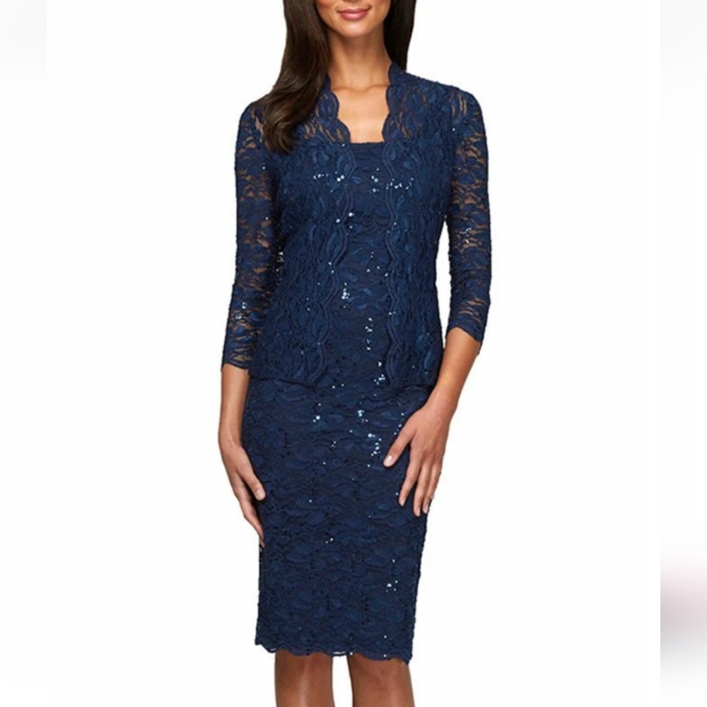 Alex Evening Lace Sheath Jacket Dress